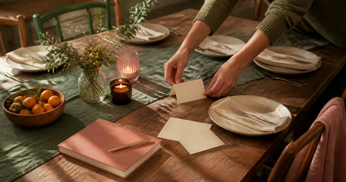 A host arranging a blank place card at a small dinner table