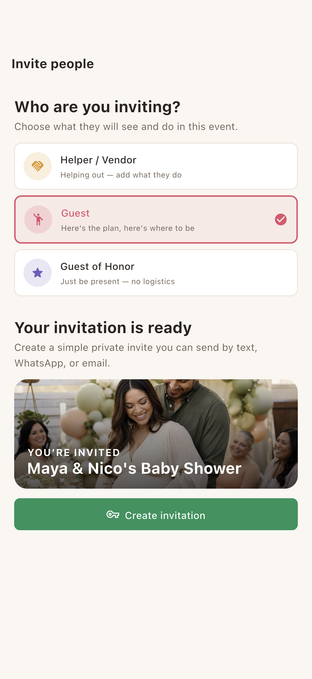 Madali invitation preview showing that guests RSVP in their browser with no app needed